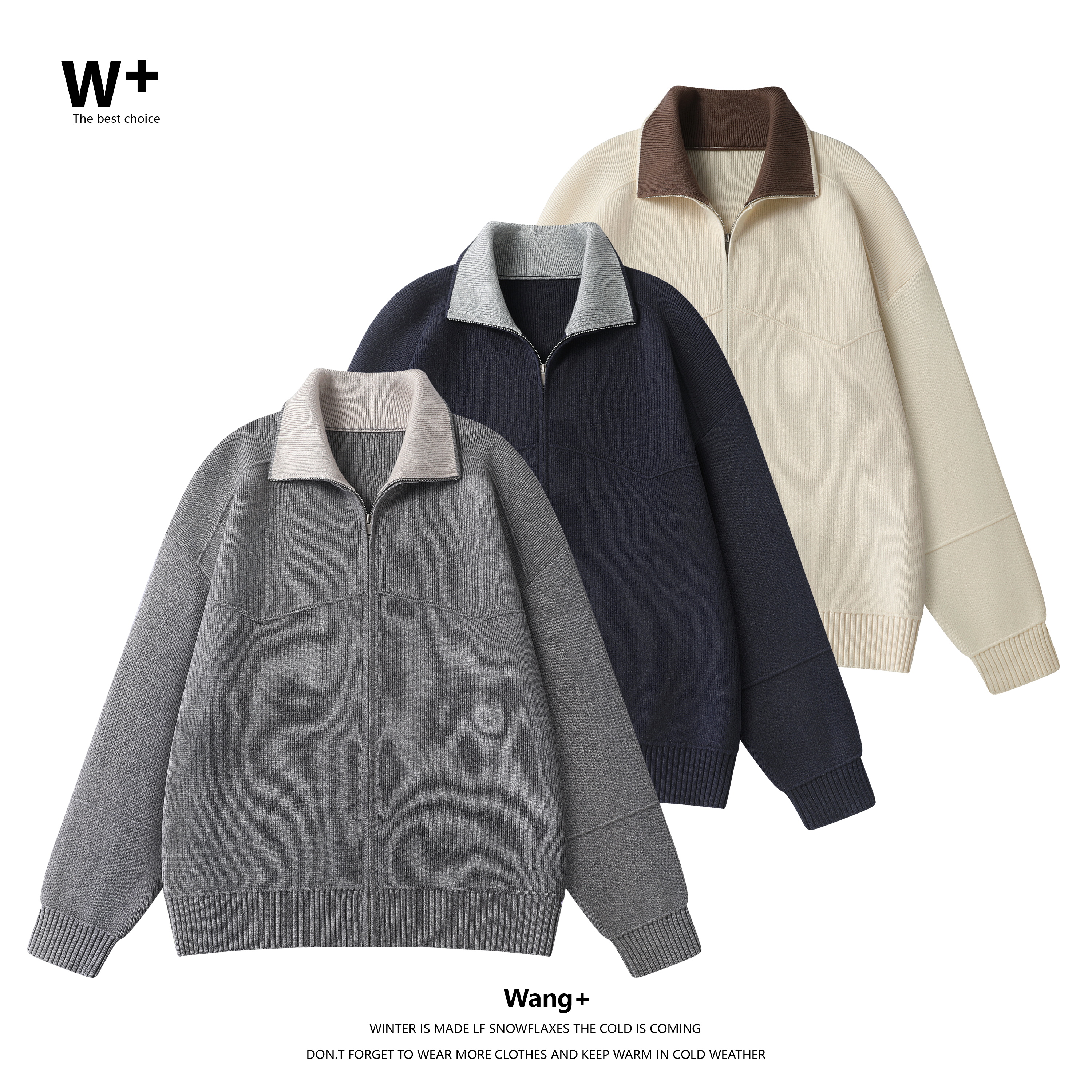 【Wang+】秋季新款男款毛衣针织拉链休闲复古开衫外套立领863199