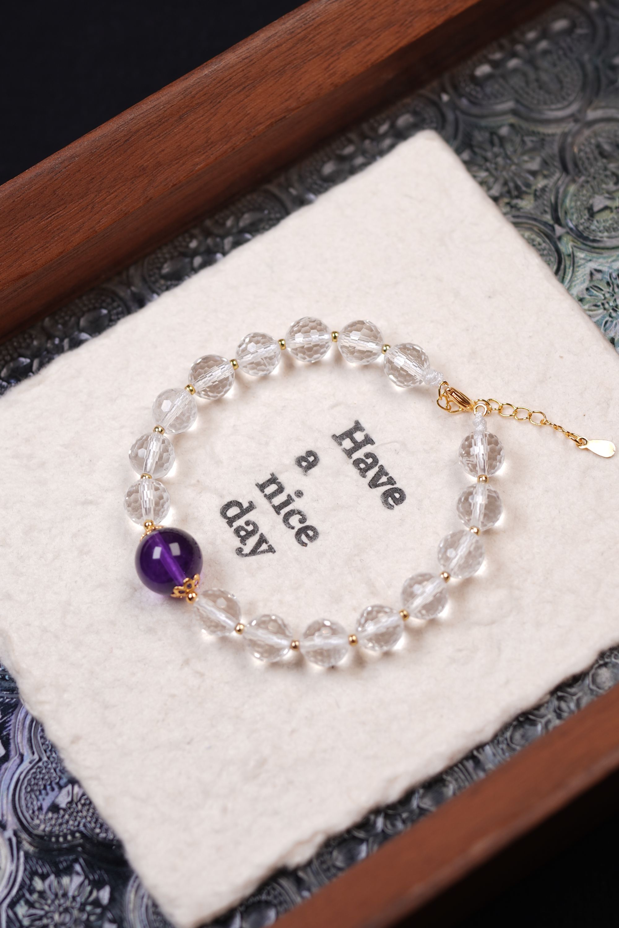 天然白水晶8mm钻面切割顶珠紫水晶11mm+单圈手串