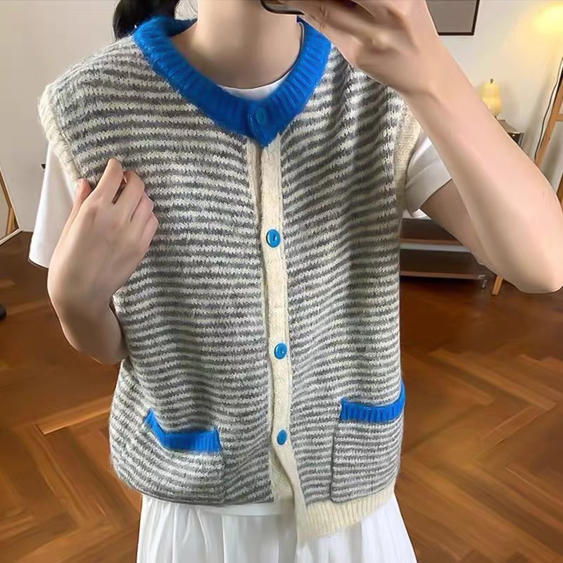 韩版秋冬减龄圆领单排扣毛茸茸条纹毛衣背心马甲无袖针织外套2442