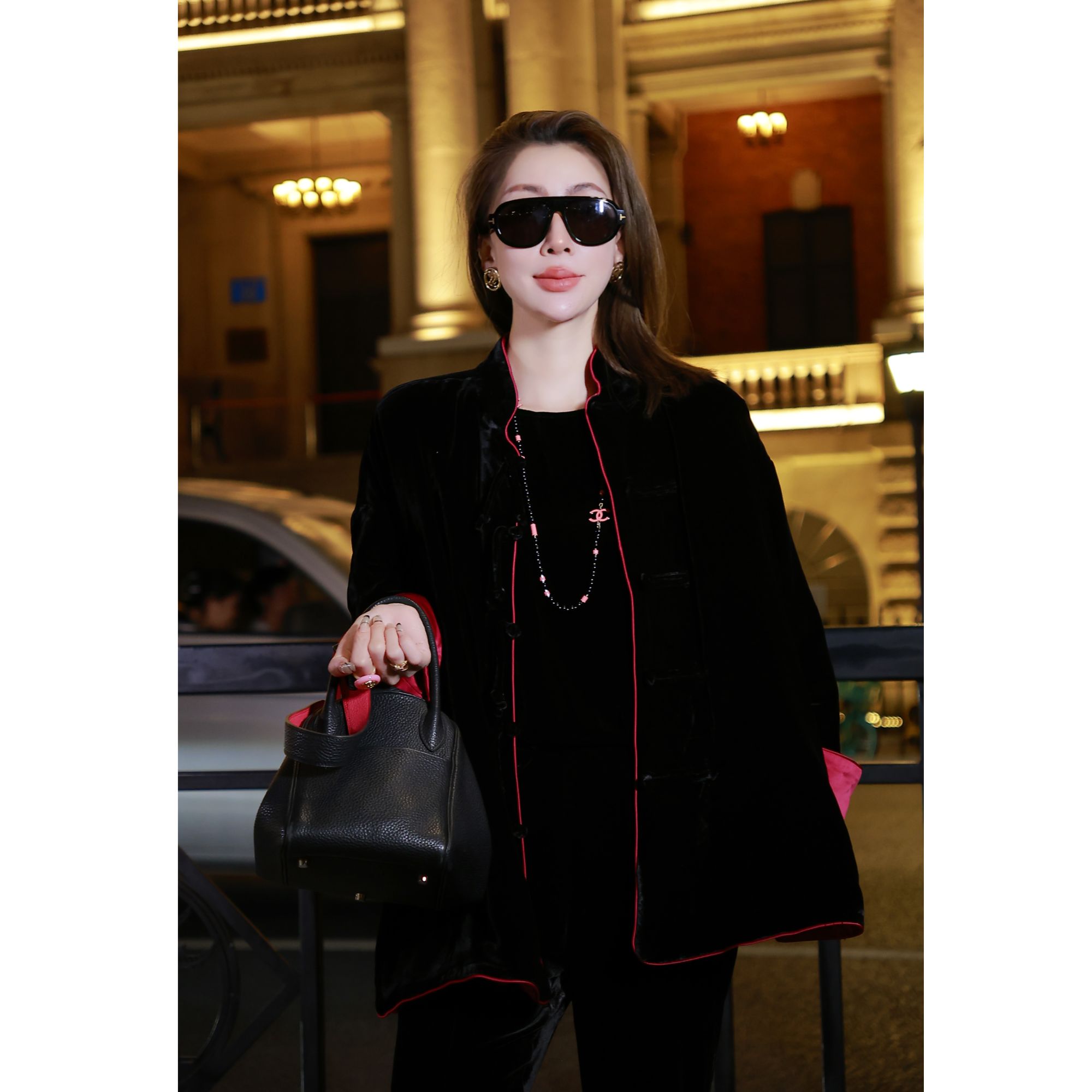 MYYS【火龙果】新中式黑拼玫红盘扣真丝丝绒翻袖边棉服新款-长72cm