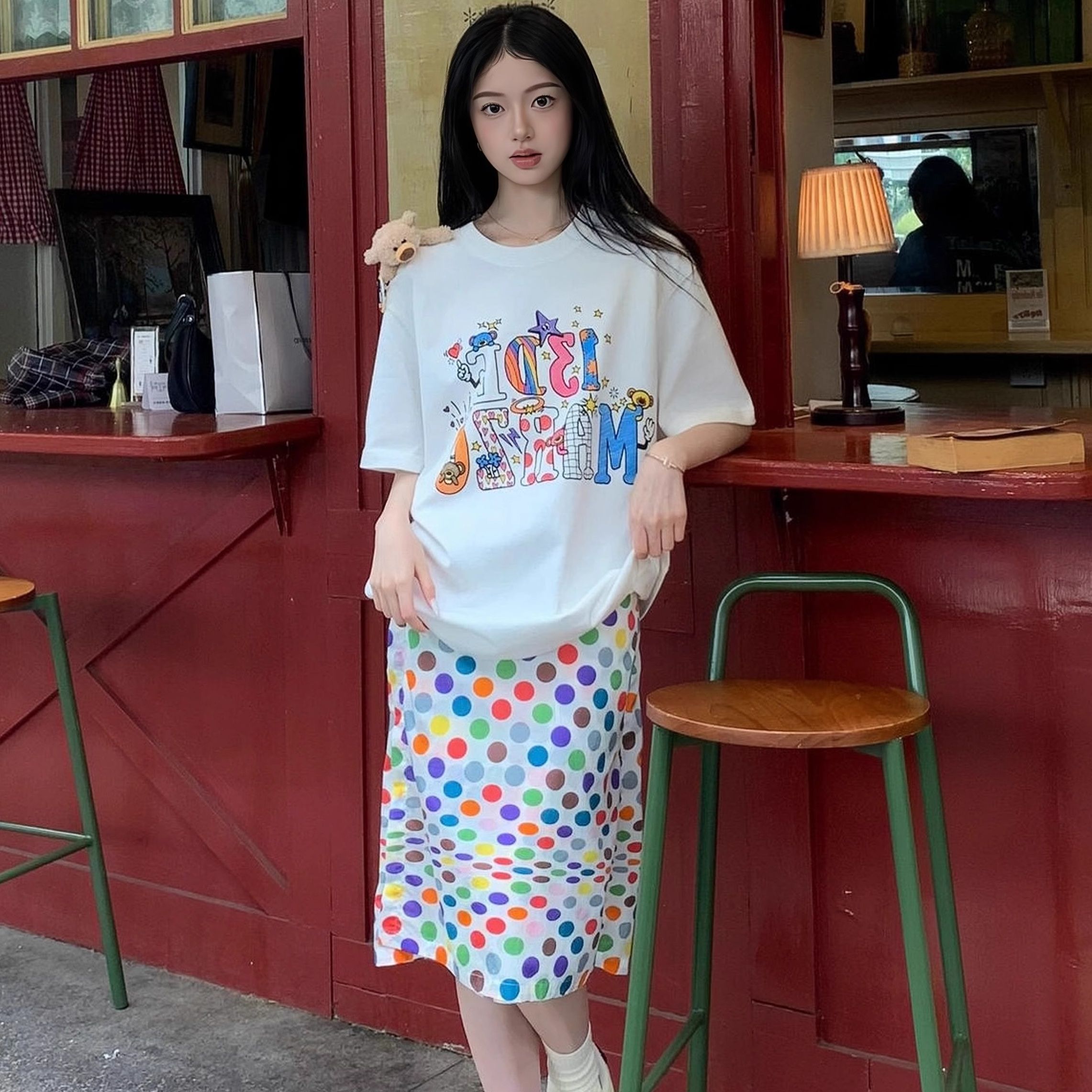 QYao Girls多巴胺穿搭彩色波点裙显瘦直筒裙半身裙女