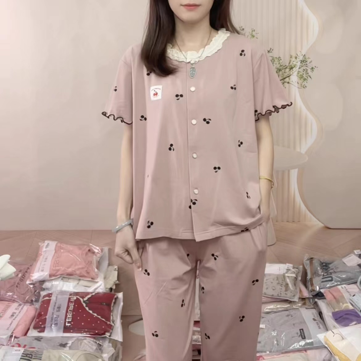 8222夏季女士开衫带胸垫纯棉睡衣套装短袖长裤睡衣套装女士家居服