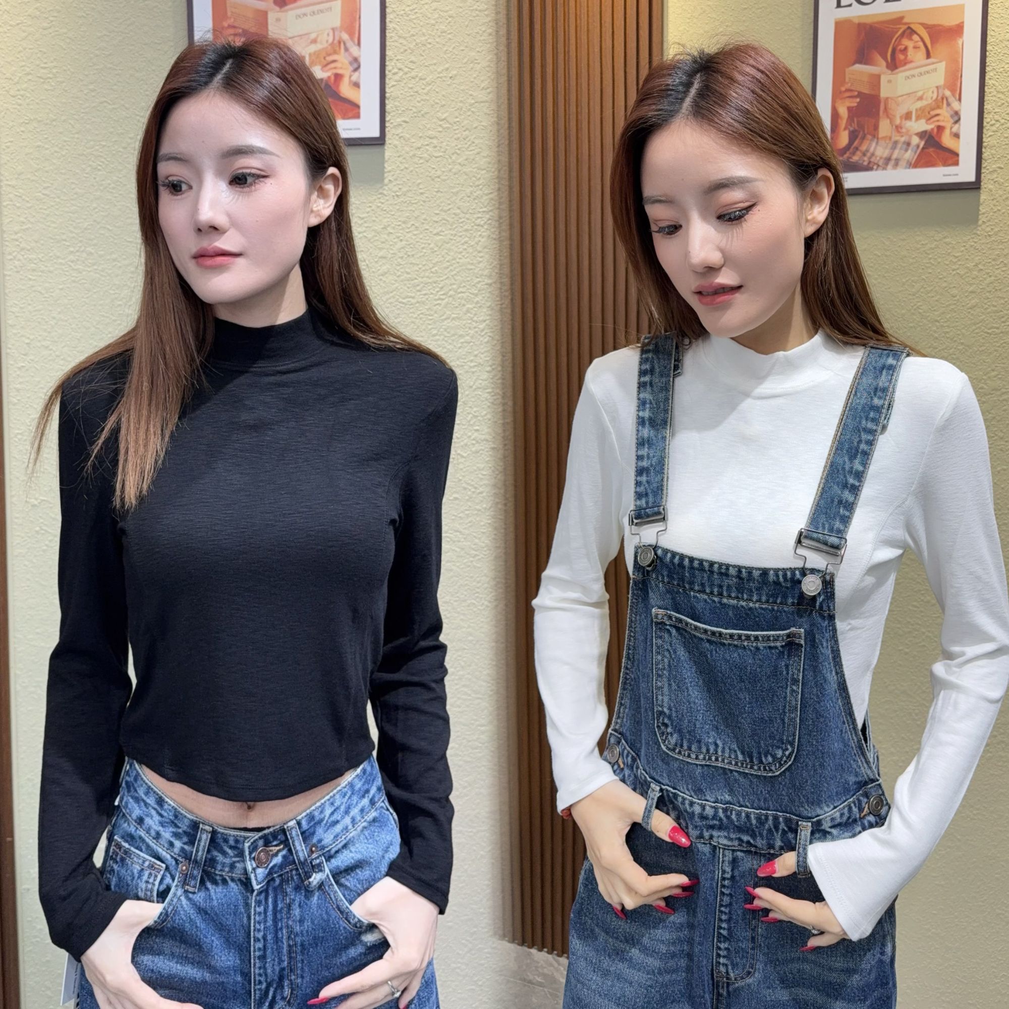 春秋纯色正肩打底衫2025女紧身修身内搭长袖圆领黑色上衣T恤