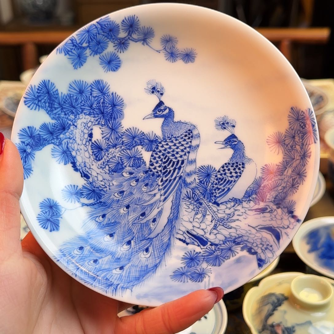 杯柴窑烧制双孔雀壶乘纯手绘