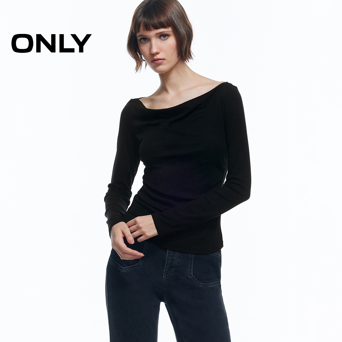 ONLY2026春季新款一字领柔软抽褶腰线弹力长袖T恤女|126102010