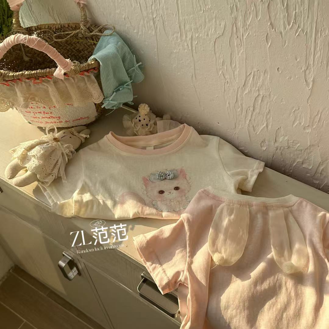 2025夏季新款女童蝴蝶结猫咪休闲百搭T恤2210