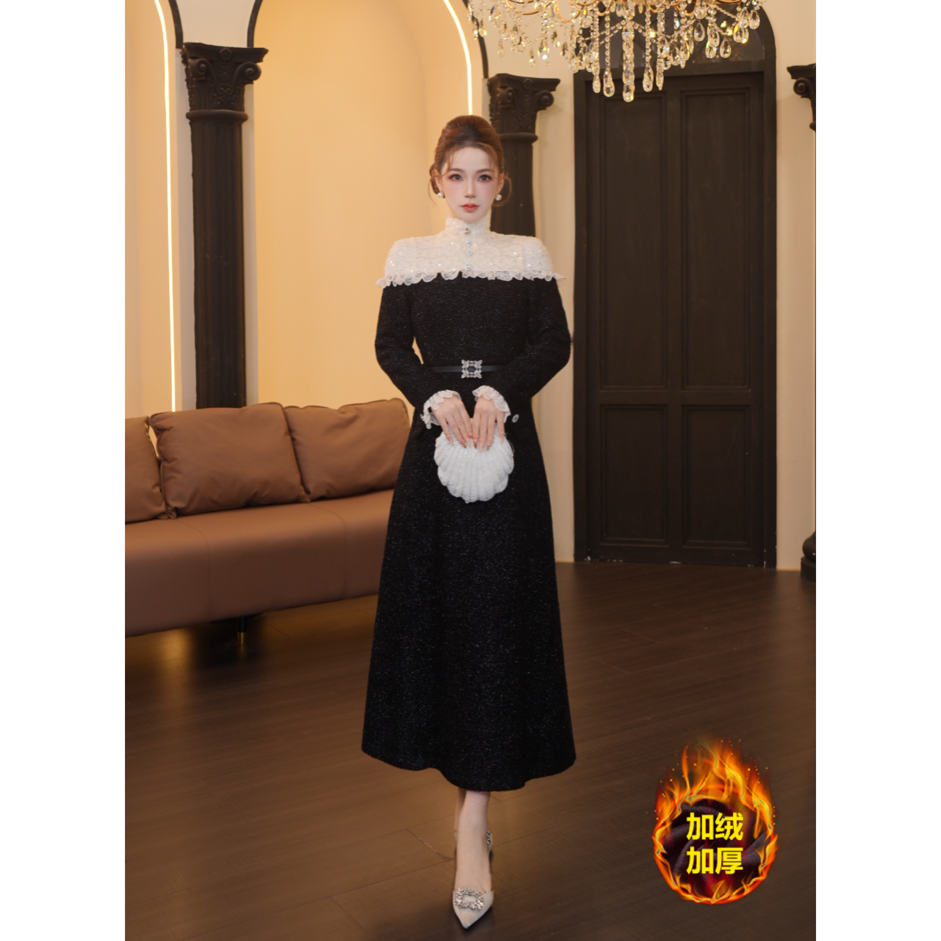 2店-280【温迪专属】黑色蕾丝高腰秋冬加绒加厚连衣裙G082