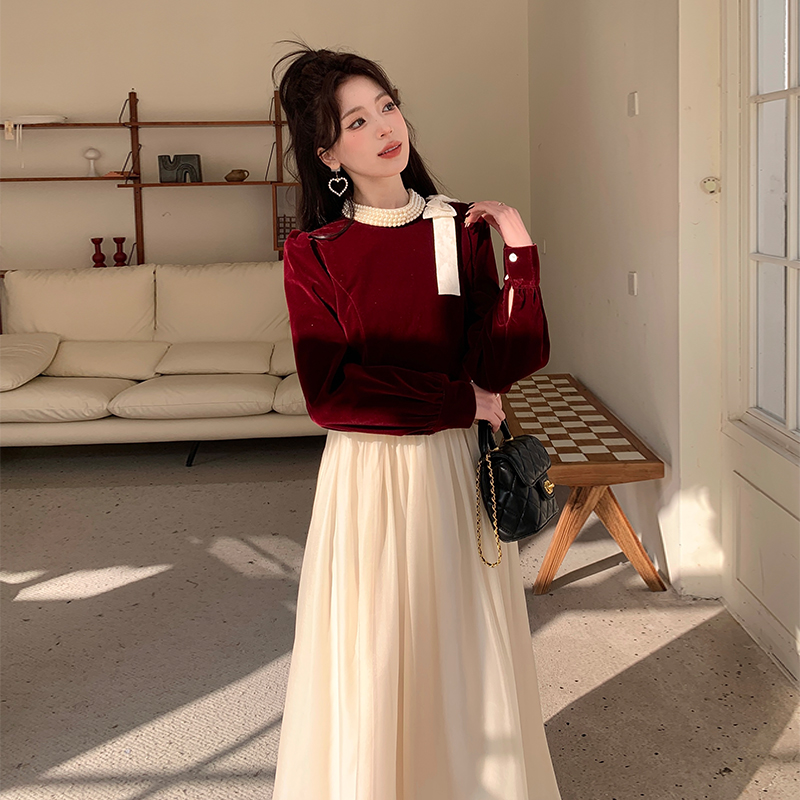 橘子-法式拼纱丝绒收腰显瘦大码连衣裙ZL40961