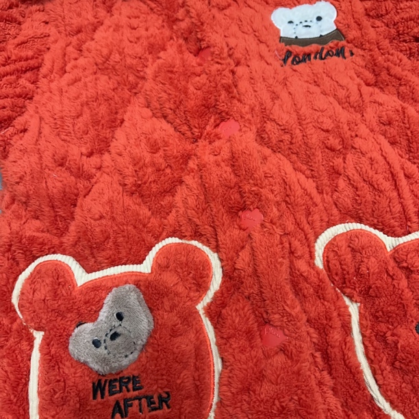 女士冬季加厚连帽橘红色三层夹棉家居服套装