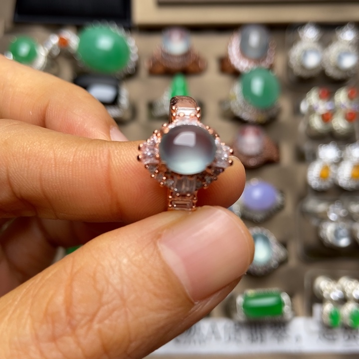 翡翠合金戒指翡翠玻璃冰晴水戒面