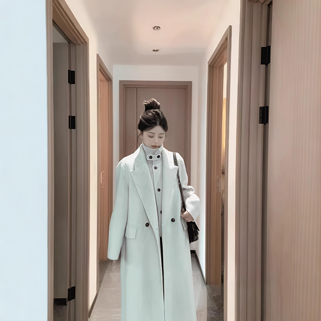 【霁影】新款双面羊毛大衣女中长款螺纹高领马甲两件套百搭毛呢外套