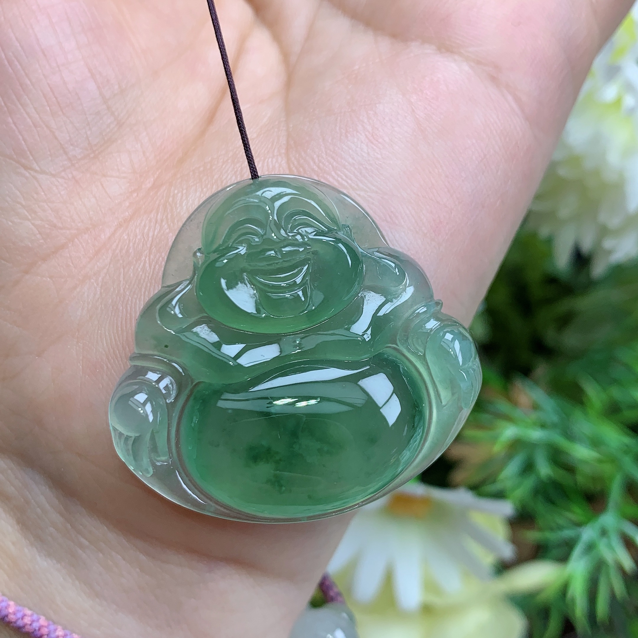 缅甸天然翡翠a货冰种起胶晴绿飘花佛公吊坠大尺寸32.8/35.3/6.8mm