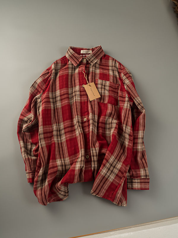 2025春季新款韩系宽松休闲复古格子双层棉纱舒适百搭洋气衬衫女潮