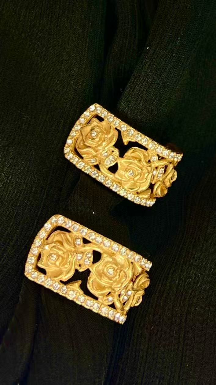 925银耳饰 复古宫廷银镀耳钉欧美黄色轻奢镶嵌复古手工法式中古