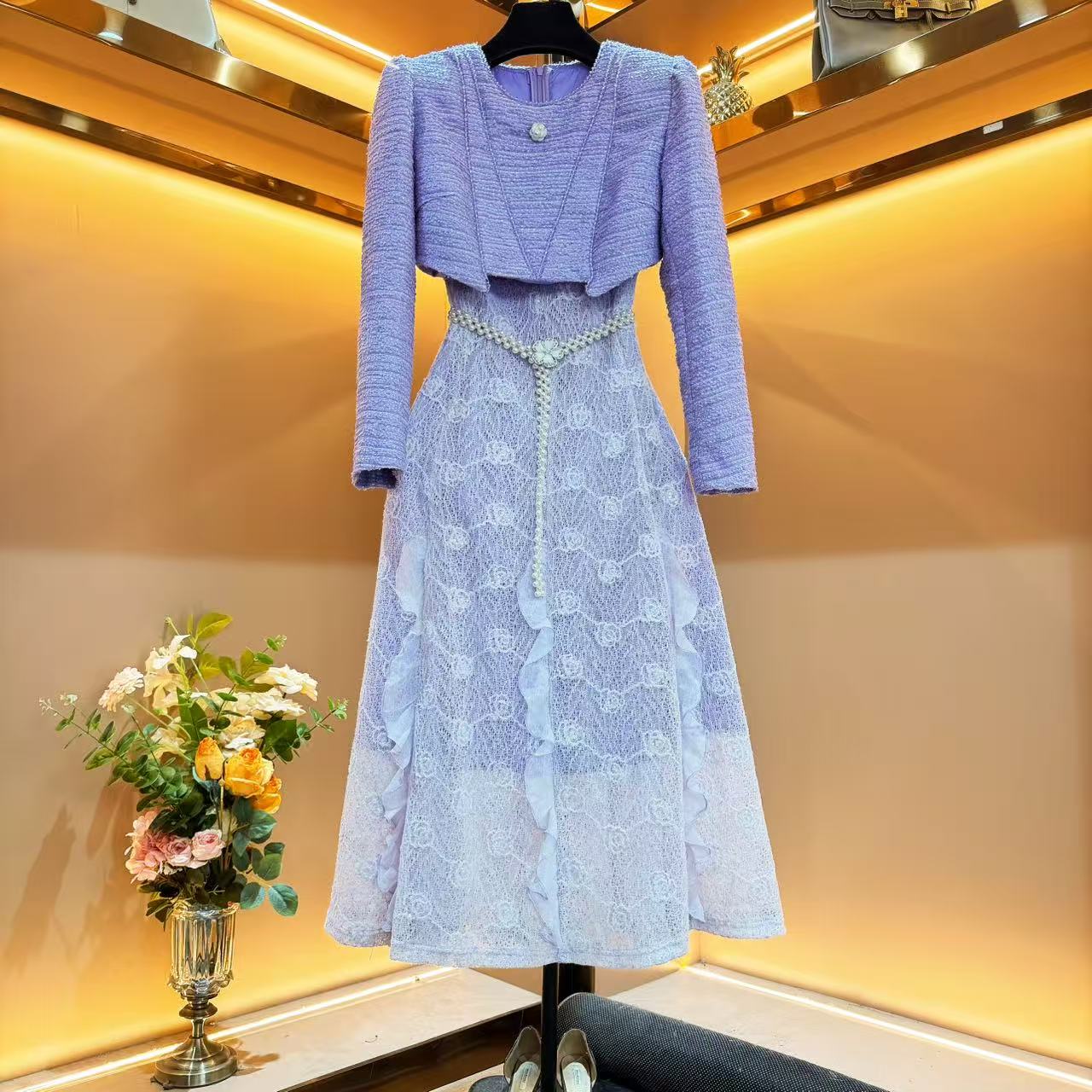 【紫萼承露】轻奢设计师款优雅气质修身时尚收腰连衣裙-88619