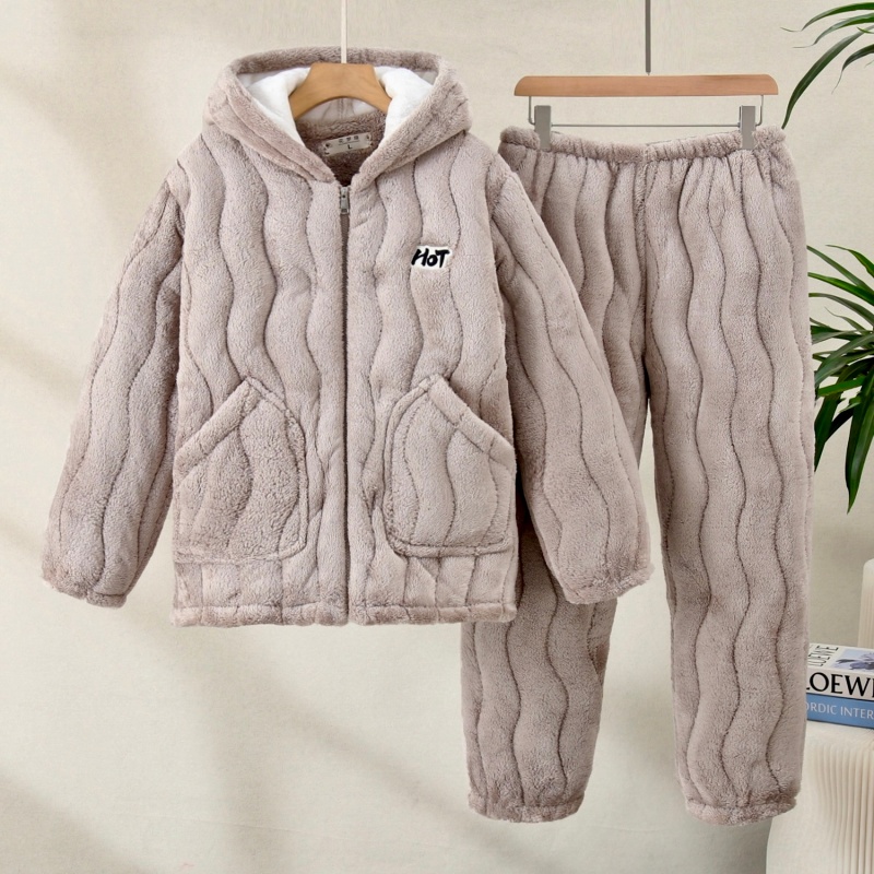 冬季男士加厚加绒保暖睡衣珊瑚绒夹棉三层特厚雪花绒可外穿家居服