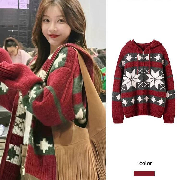 【COCO LESLEY】复古红色圣诞毛衣秋冬慵懒费尔岛连帽针织开衫外套