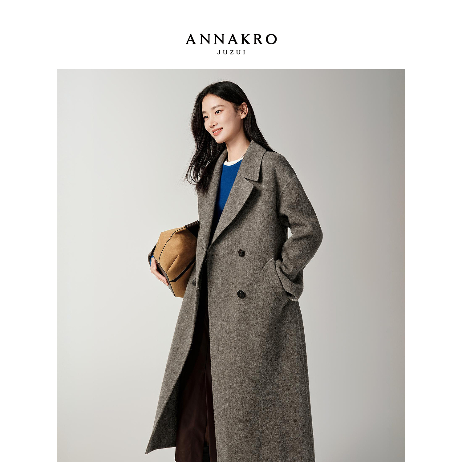 【KK专属】玖姿·安娜蔻KWFD72117双排扣长款羊毛双面呢大衣女2025