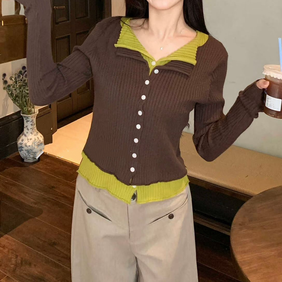 复古撞色翻领假两件针织衫女2025秋冬新款甜辣妹修身显瘦长袖上衣