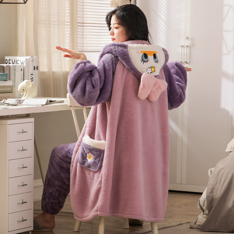 珊瑚绒睡袍女士秋冬季法兰绒睡衣女连帽加厚保暖卡通家居服 2152