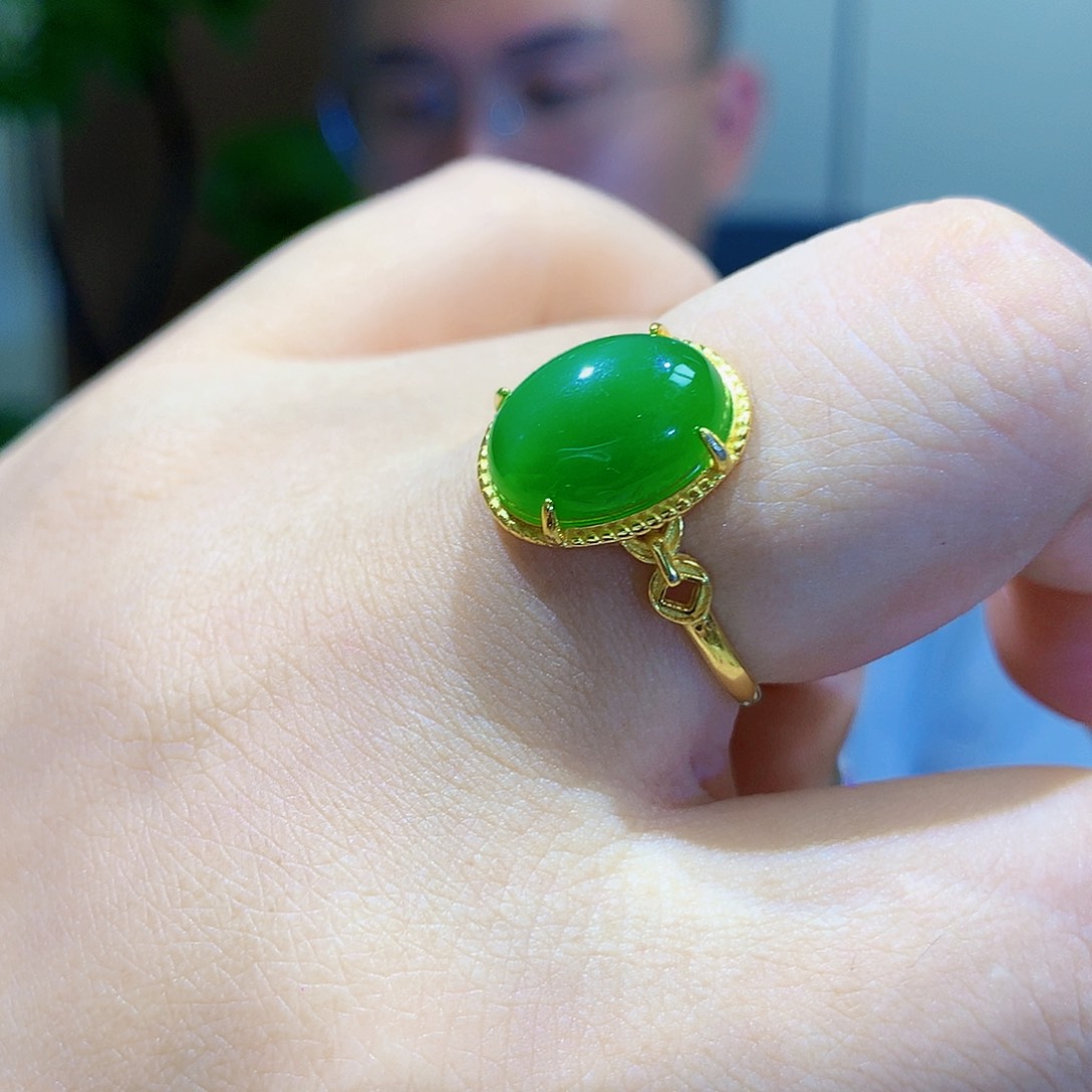 和田玉（碧玉）戒指银S925镀金镶嵌