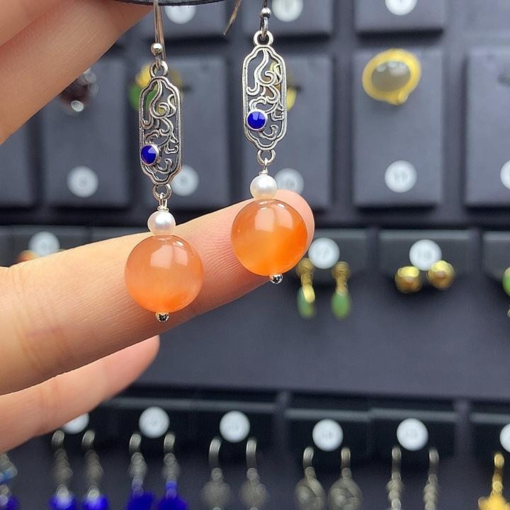 南红玛瑙耳饰银S925镶嵌