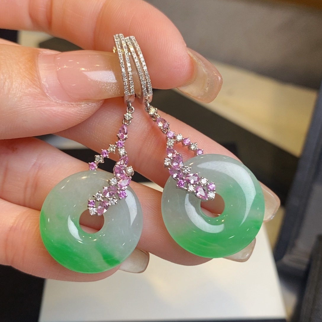 翡翠耳饰18K金镶嵌甜甜圈