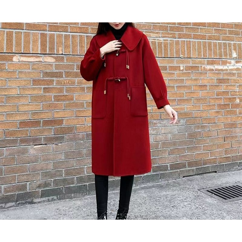 圣诞节红色呢子大衣女中长款2025新款结婚牛角扣小个子毛呢外套女