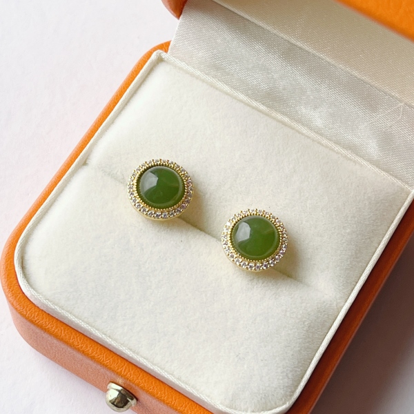 晶莹满楼和田玉碧玉精致s925微镶耳钉气质时尚圆形百搭