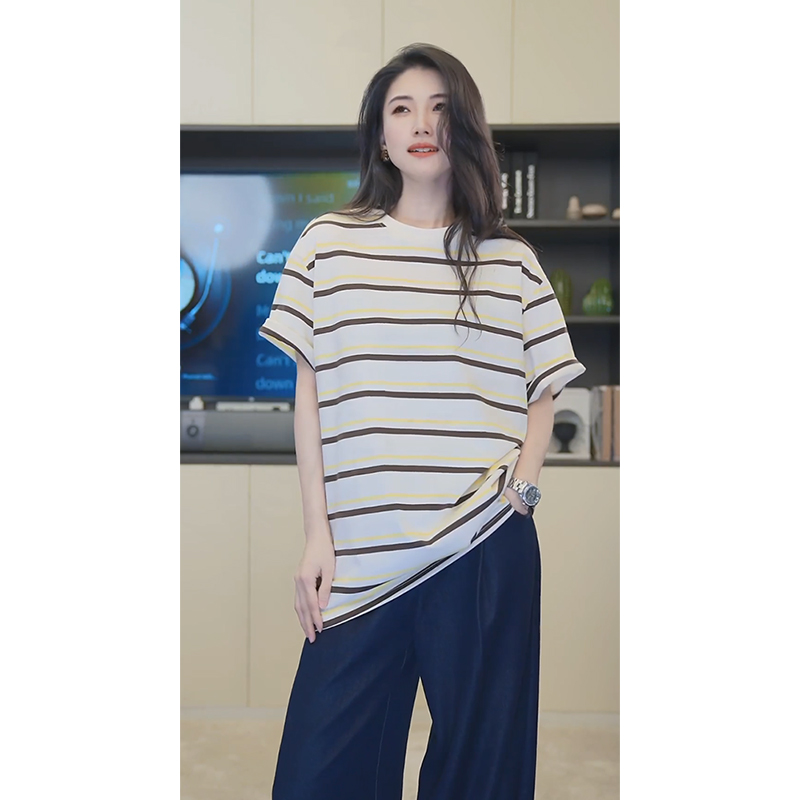 小乖逃X南屏晚风休闲白色T恤短袖黄色条纹T恤透气夏季S25146