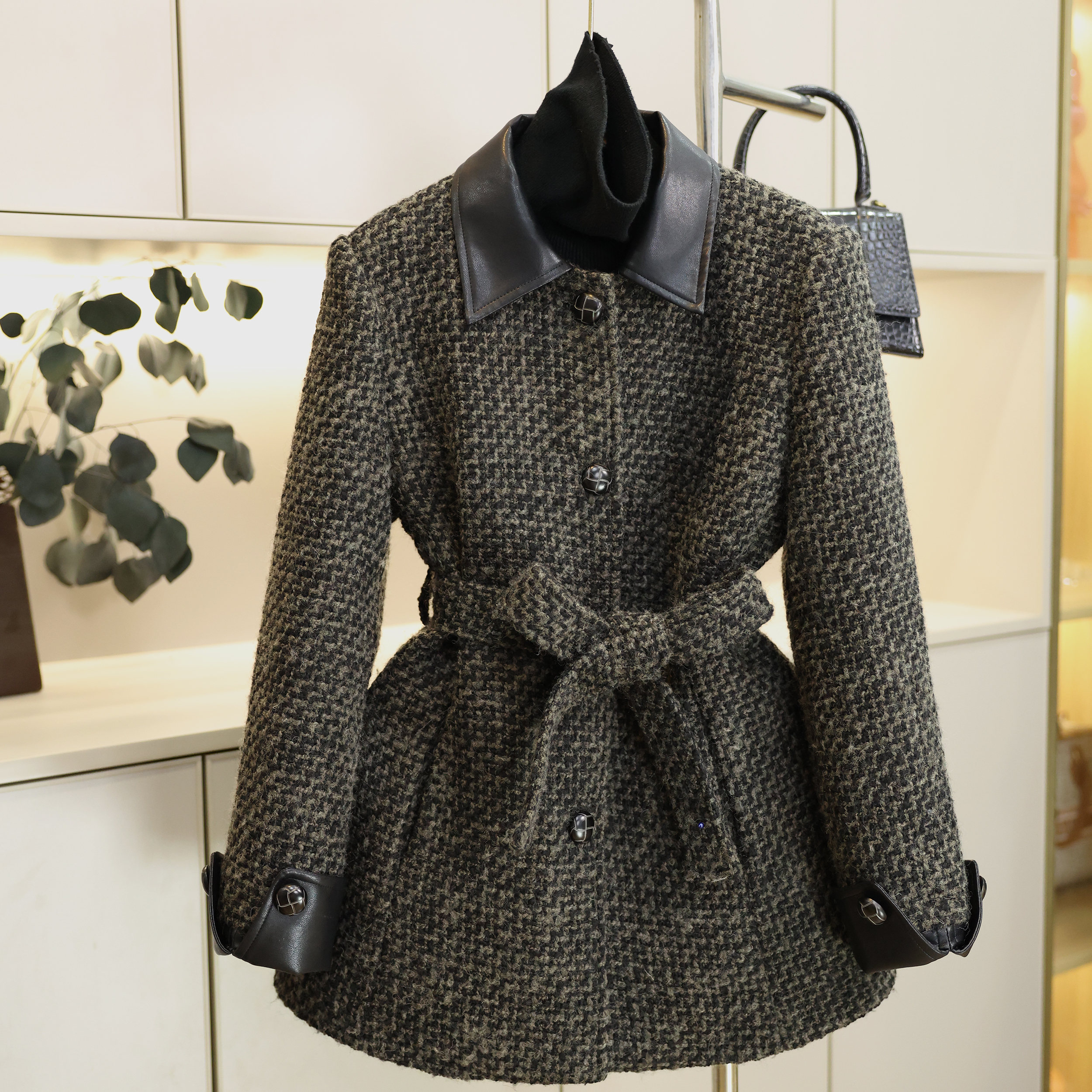 60羊毛小香风撞色拼皮外套女冬款羽绒复古小众设计师款