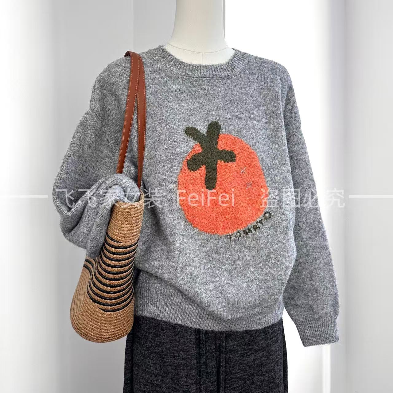 飞飞家1柿柿如意！！减龄百搭~厚款落肩#毛衣秋冬潮T131浅灰