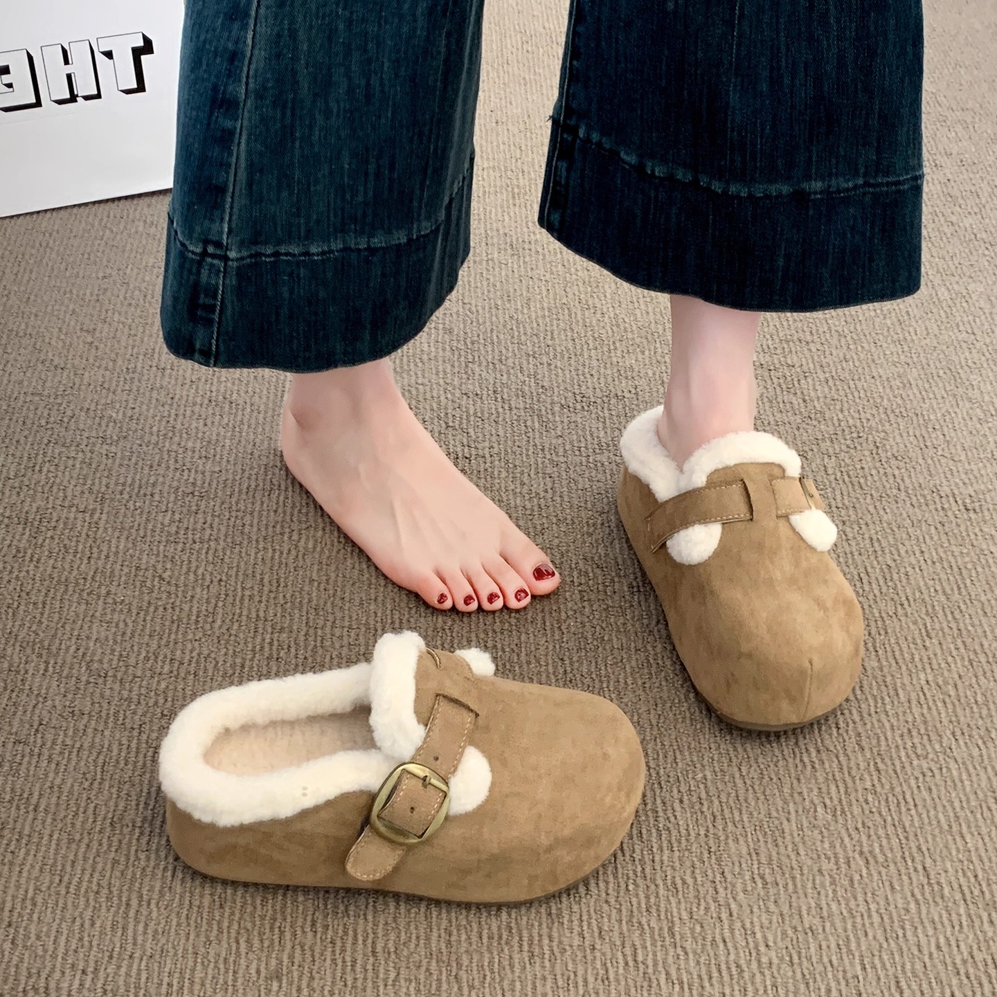 厚底加绒勃肯鞋毛绒包头毛毛棉拖鞋女外穿2025新款冬季雪地靴半拖