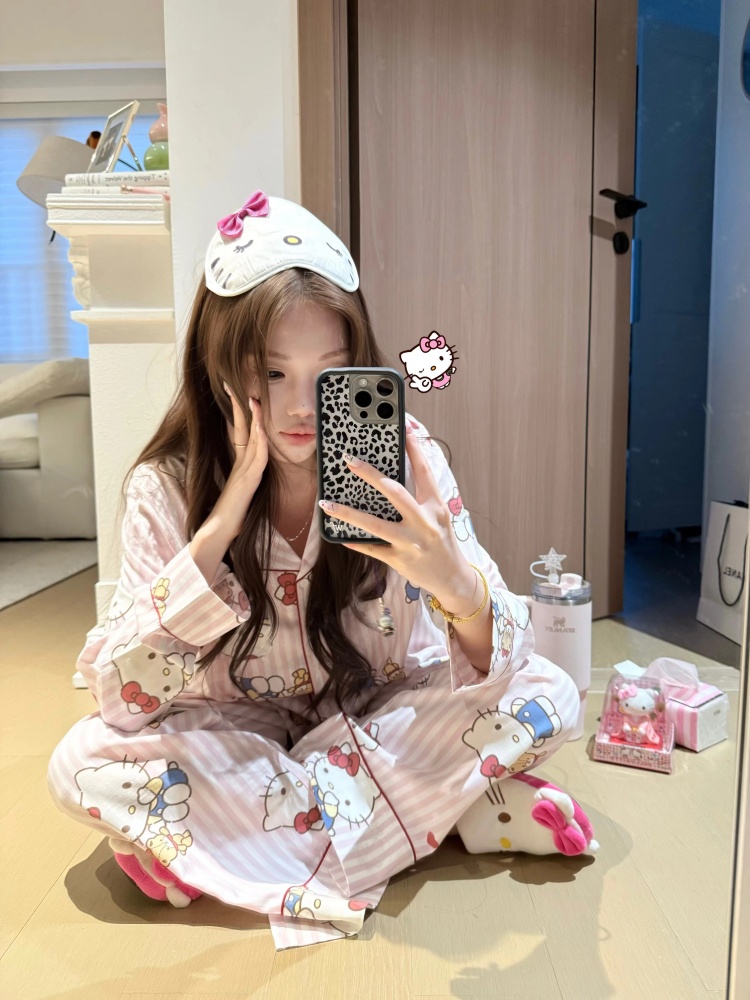 日系ins风少女甜美可爱卡通凯蒂蝴蝶结睡衣女春秋长袖长裤家居服