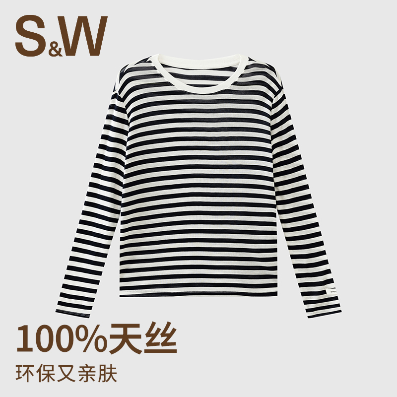 S&W山本风圆领宽松透气韩版条纹T恤休闲女士修身欧美风长袖 4440