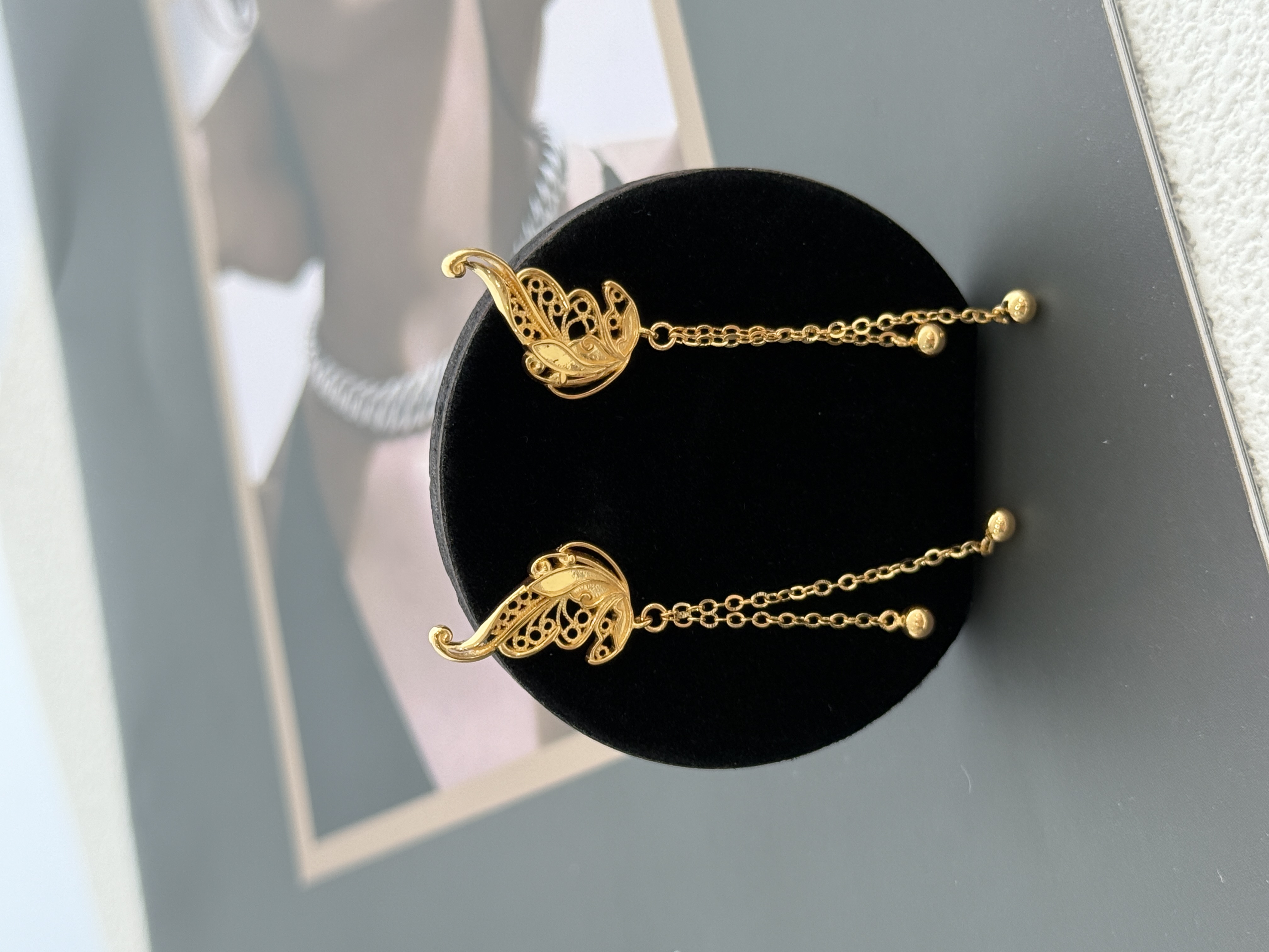 精灵蝴蝶滴溜耳钉5G足金999黄金耳饰@ES099