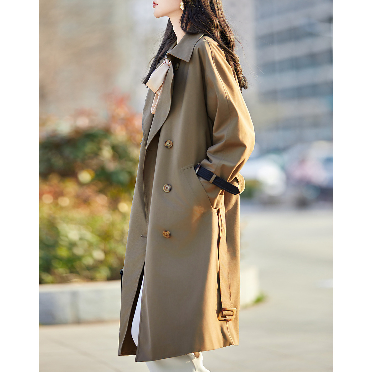 德玛纳清仓时髦立体翻领双排扣直筒风衣外套女长款