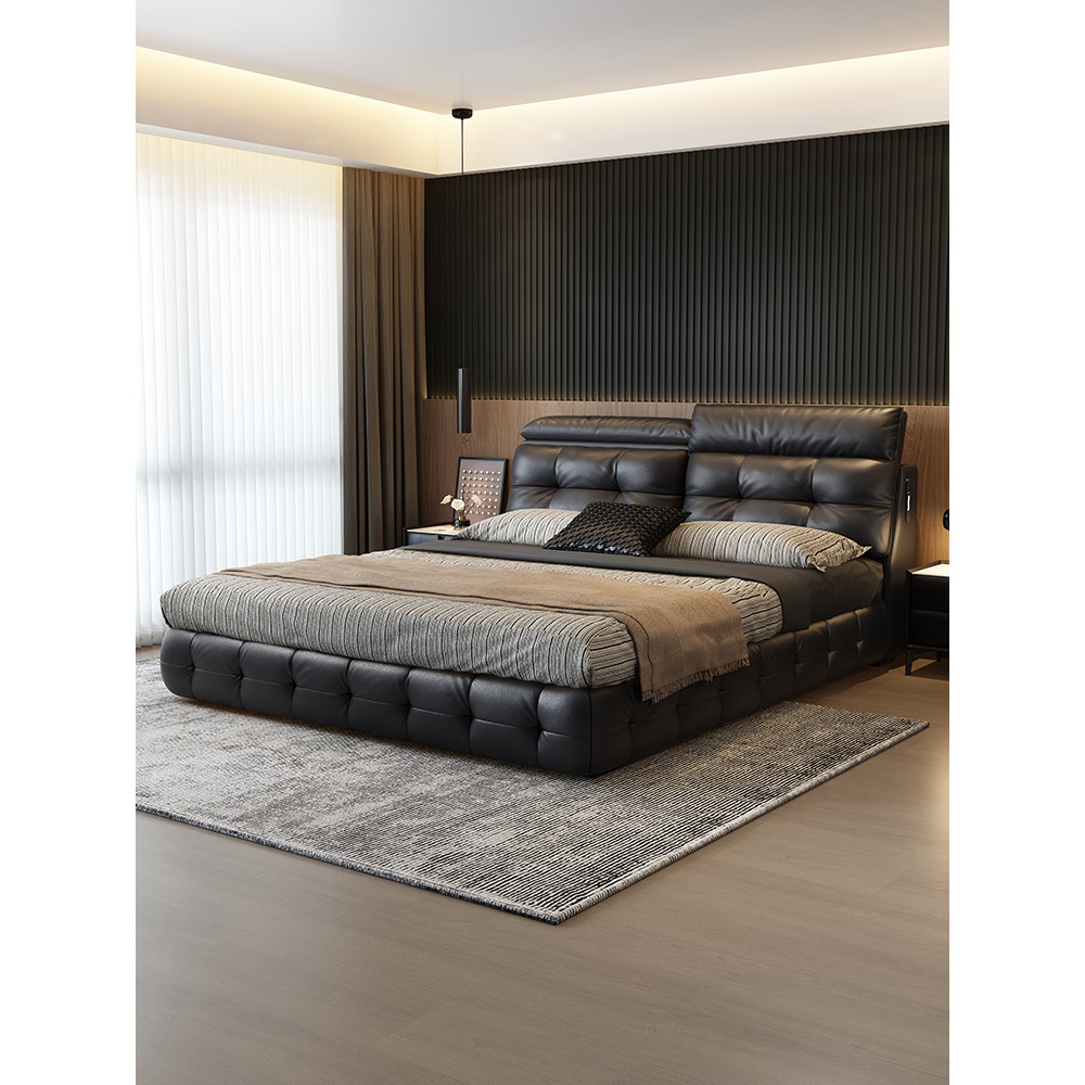 齐边款【带USB充电+氛围灯带+靠背可调】真皮床大床软包婚床双人床