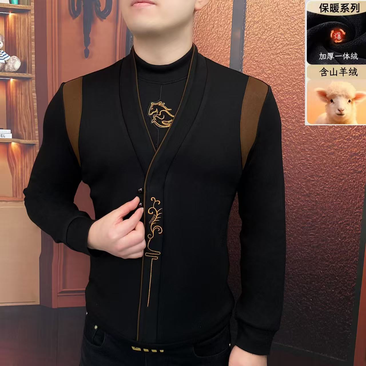 《金绣骏马》冬季新款假两件加绒卫衣休闲帅气时尚简约修身轻奢高端