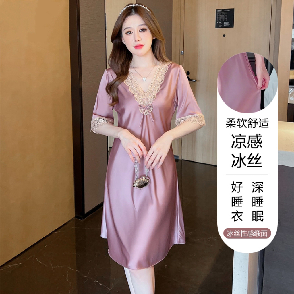 【冰丝缎面】睡裙女士柔软舒适蕾丝花边高档连衣裙睡裙睡衣家居服01