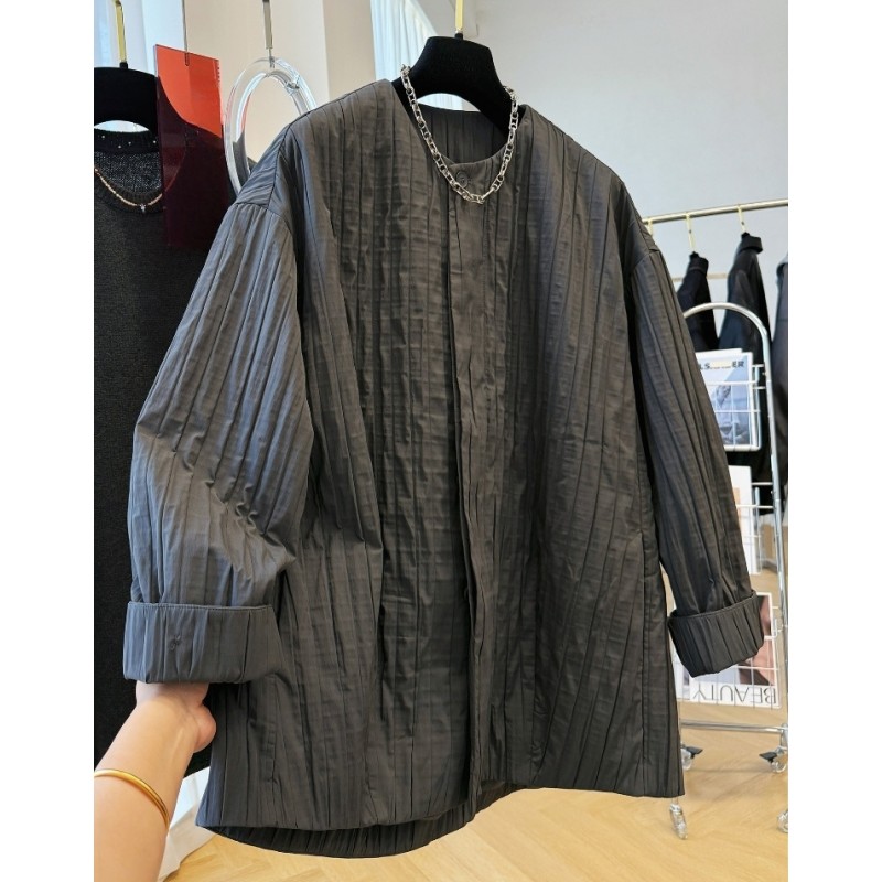 02437高级感设计感气质圆领宽松棉外套风衣加厚上衣女2025秋冬款