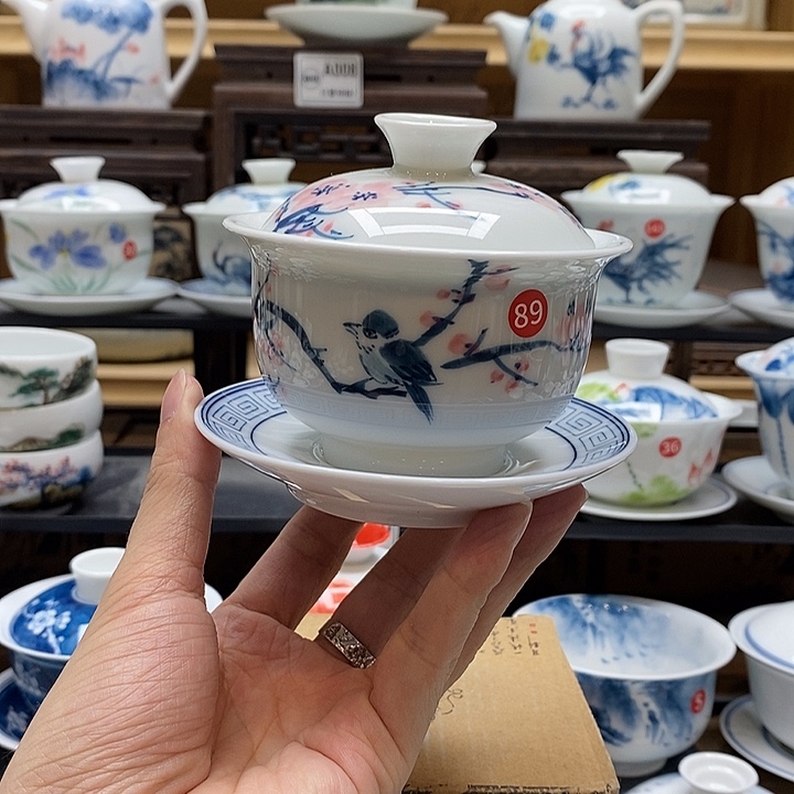 手绘喜上梅花悬停盖碗160cc釉下彩微瑕福利款