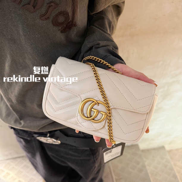95新 GUCCI/古驰 复燃精选/白金马蒙mini斜挎包有龙虾扣