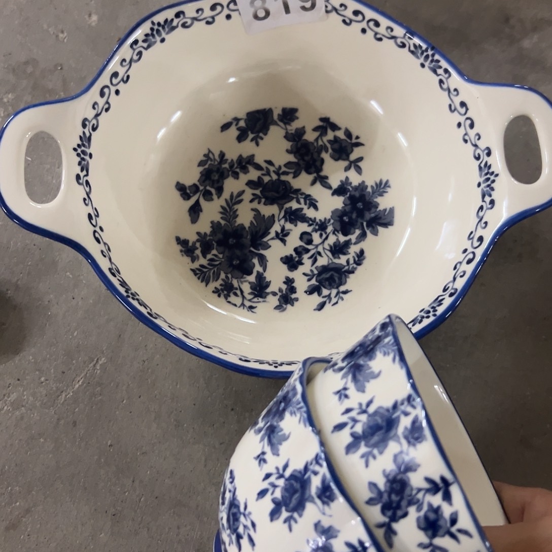 搪瓷微瑕青花双耳加米饭碗两个