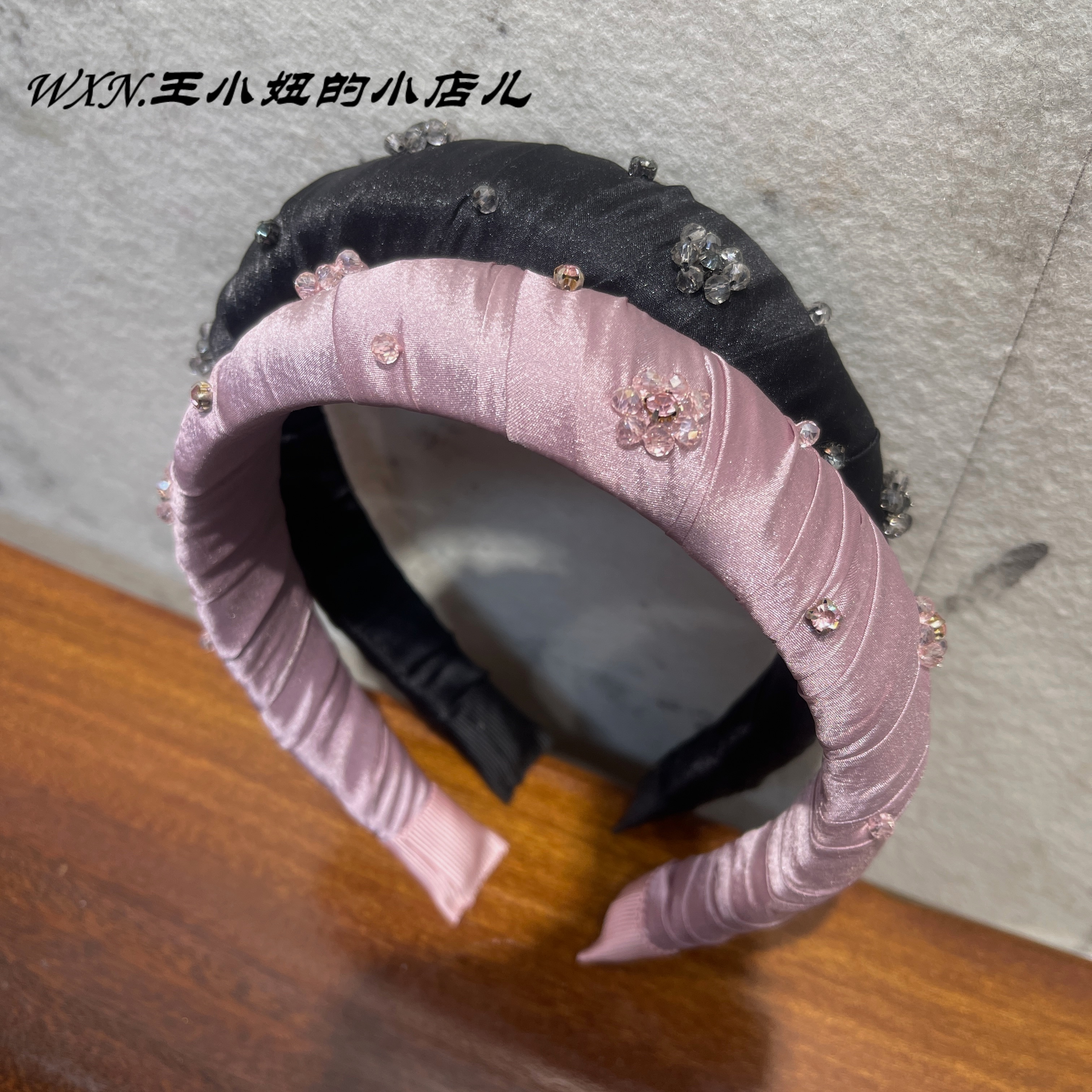 021韩版锻纱褶皱黑色高颅顶发箍粉色水晶珠花朵显脸小头箍发卡女