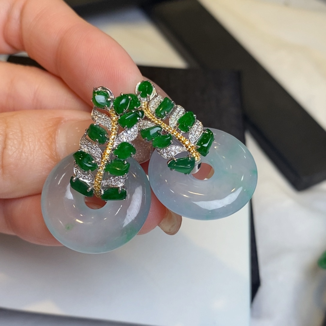 翡翠耳饰18K金镶嵌甜甜圈➕随形麦穗耳扣