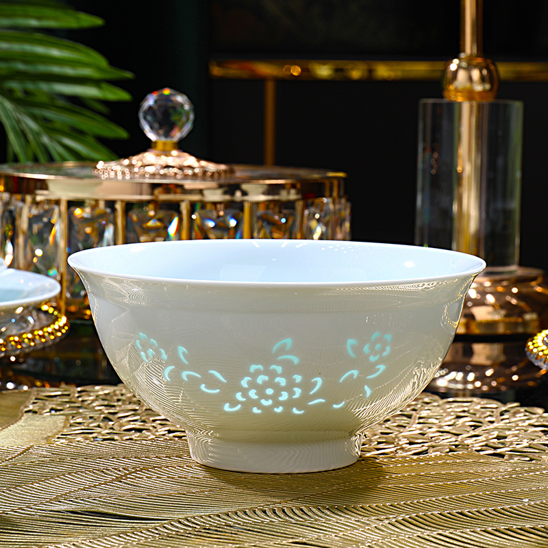 景德镇聚璞祥高温釉下彩5英寸影青玲珑米饭碗2个装微瑕画片随机