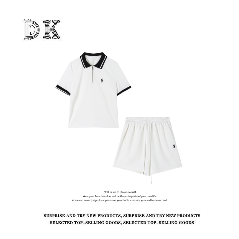 DK 2025夏季女装设计感撞色POLO领上衣阔腿短裤休闲套装 65199