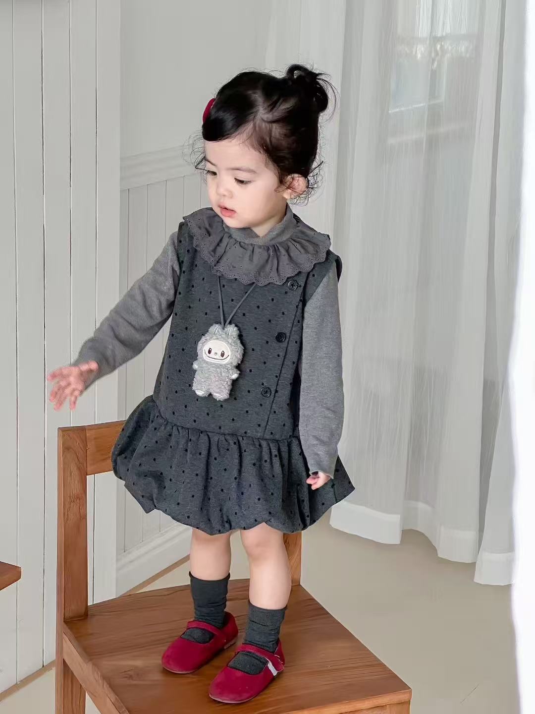女童韩版套装2025春季秋儿童宝宝花边波点洋气连衣裙两件套