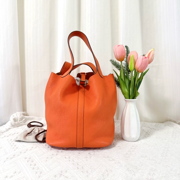 95新 Hermes/爱马仕 picotin 橙色菜篮子22 手提包